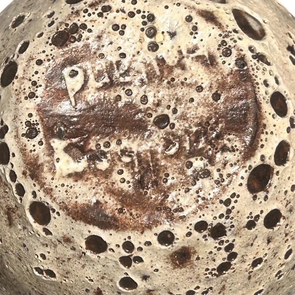 Studio Pottery Crater Glaze Bud Vase Signed Artisan Volcanic Ceramic Tan Brown4